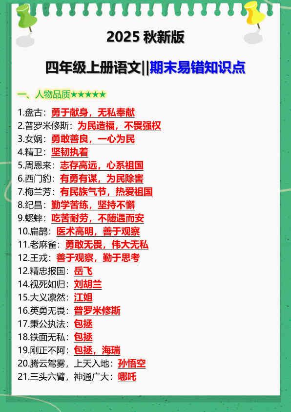 【2025秋新版】四年级上册语文‖期末易错知识点