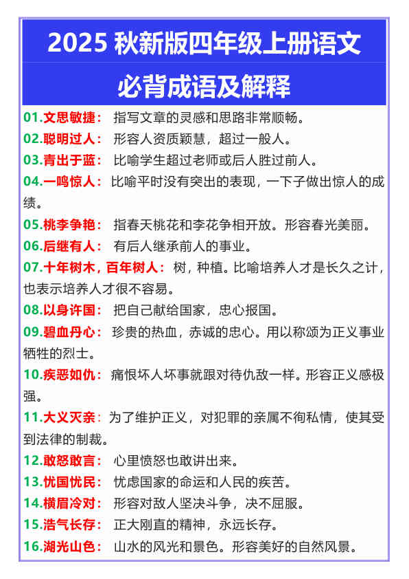 【2025秋新版】四年级上册语文必背成语及解释